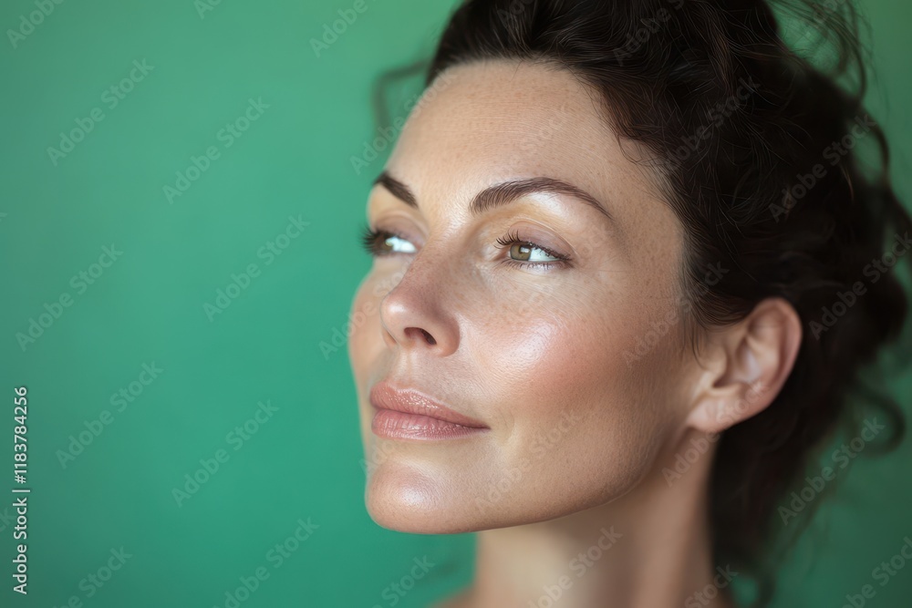 Attractive woman in her 40s with a radiant body and well moisturized skin after a spa treatment set against a green backdrop Attractive woman in her 40s with a radiant body and well moisturized skin after a spa treatment set against a green backdrop