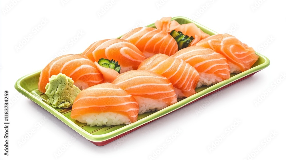 A colorful sushi platter featuring salmon nigiri and sashimi, artfully arranged with wasabi and pickled ginger, highlighting the elegance of Japanese cuisine. A colorful sushi platter featuring salmon nigiri and sashimi, artfully arranged with wasabi and pickled ginger, highlighting the elegance of Japanese cuisine.