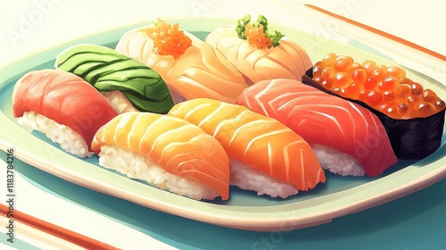A colorful sushi platter featuring salmon nigiri and sashimi, artfully arranged with wasabi and pickled ginger, highlighting the elegance of Japanese cuisine.