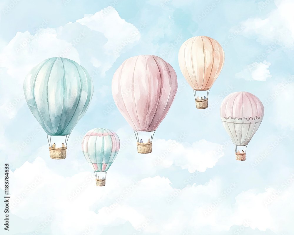 Obraz premium Soft Watercolor of Colorful Hot Air Balloons Floating in the Sky