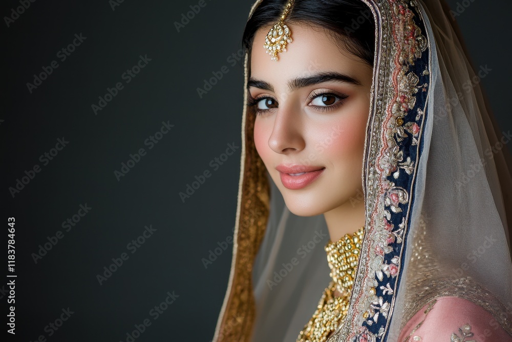 Beautiful Indian bride in a traditional lehenga and ornate gold jewelry smiles gently under studio lights showcasing wedding fashion Beautiful Indian bride in a traditional lehenga and ornate gold jewelry smiles gently under studio lights showcasing wedding fashion