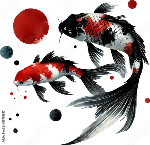 Koi fish in watercolor style in red and black colors