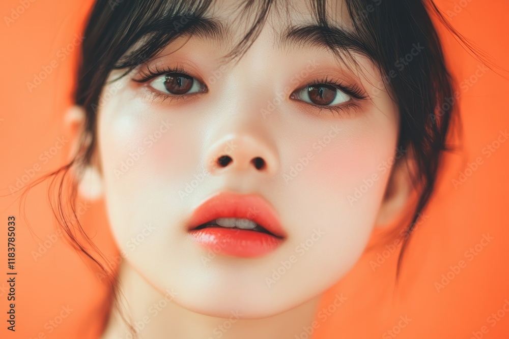 Close up of a young Asian woman showcasing K beauty makeup and flawless skin for skincare advertising Close up of a young Asian woman showcasing K beauty makeup and flawless skin for skincare advertising