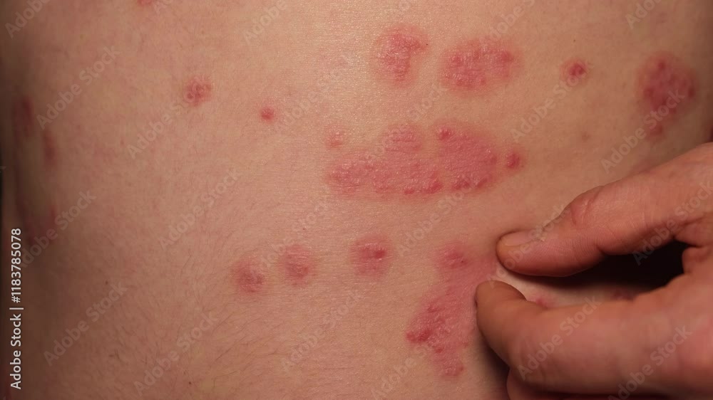 Psoriasis Vulgaris, skin patches are typically red, itchy, and scaly. Papules of chronic psoriasis vulgaris on male hand, back and body. Genetic immune disease. Detail of psoriatic skin disease Psoriasis Vulgaris, skin patches are typically red, itchy, and scaly. Papules of chronic psoriasis vulgaris on male hand, back and body. Genetic immune disease. Detail of psoriatic skin disease