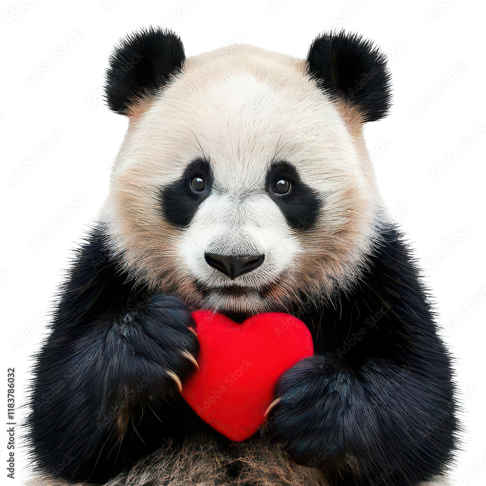 Naklejka premium Cute panda holding a red heart, white isolated background