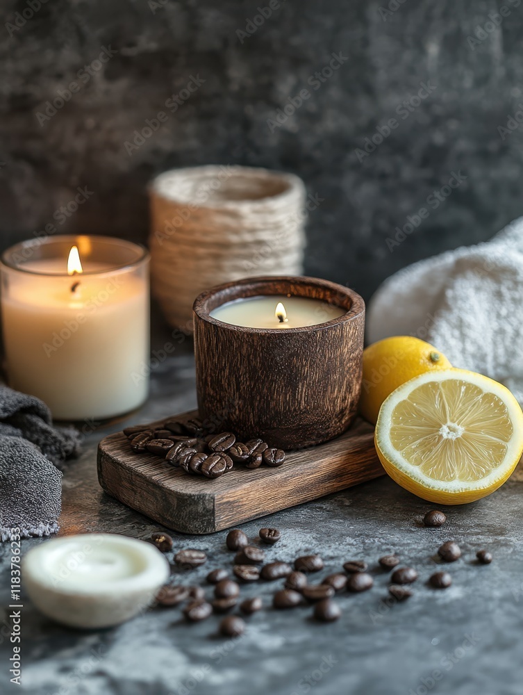 Soft flickering candles illuminate a cozy arrangement featuring coffee beans and fresh lemon. Warm tones create a serene atmosphere perfect for relaxation and mindfulness Soft flickering candles illuminate a cozy arrangement featuring coffee beans and fresh lemon. Warm tones create a serene atmosphere perfect for relaxation and mindfulness
