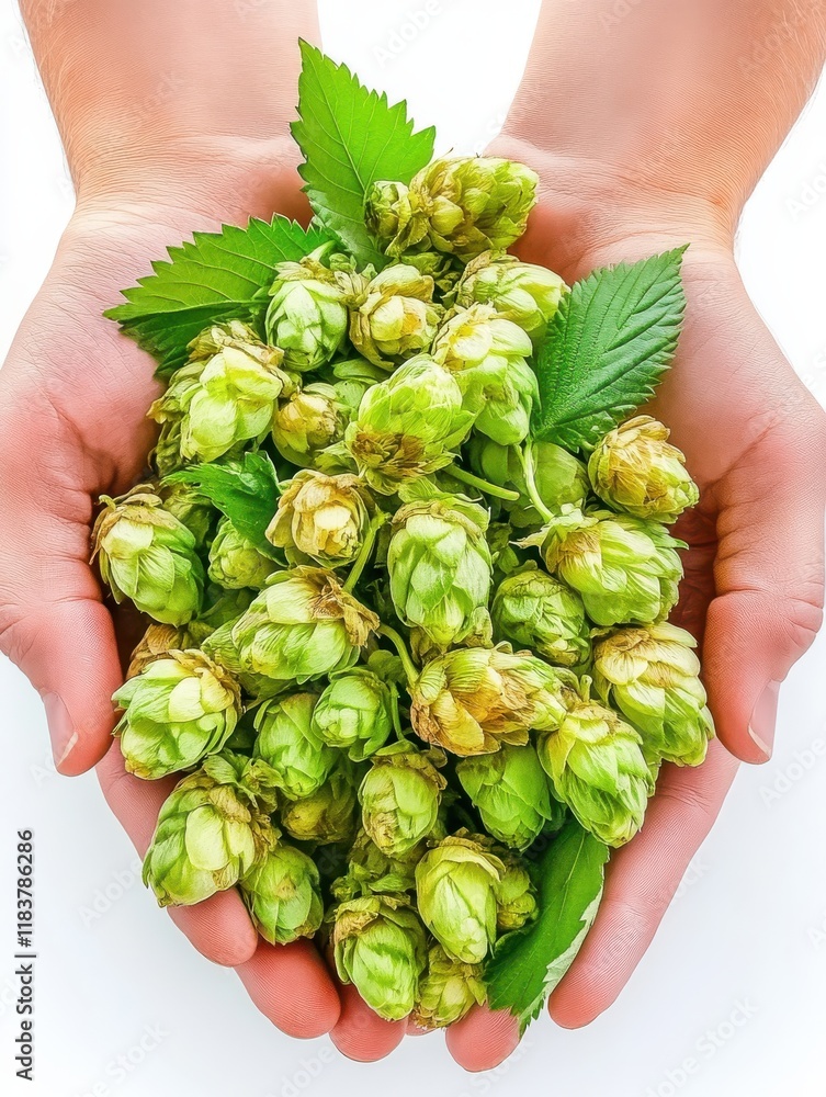 Two hands cradle a collection of vibrant green hops alongside fresh leaves, showcasing the natural beauty and freshness of this essential brewing ingredient Two hands cradle a collection of vibrant green hops alongside fresh leaves, showcasing the natural beauty and freshness of this essential brewing ingredient