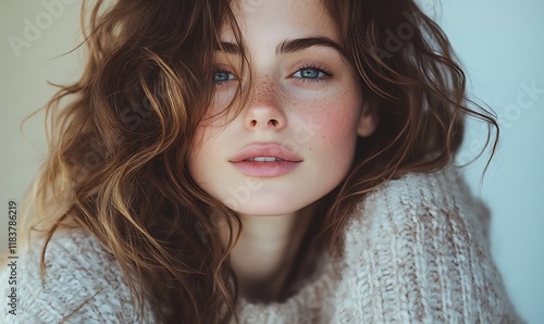 A female model with brown hair and blue eyes, wearing a light-colored top, posing for a portrait photo