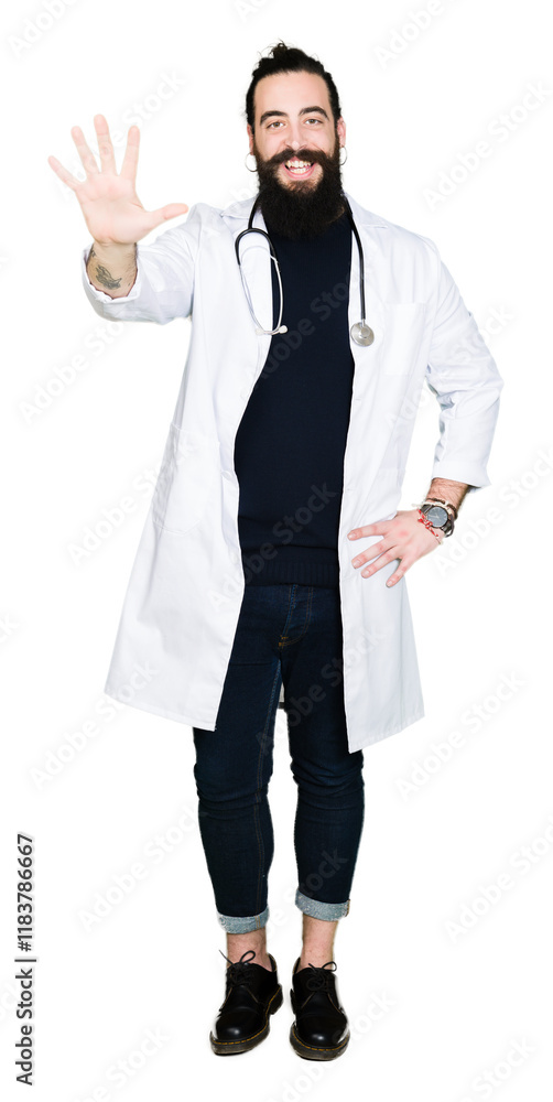 Doctor with long hair wearing medical coat and stethoscope showing and pointing up with fingers number five while smiling confident and happy. Doctor with long hair wearing medical coat and stethoscope showing and pointing up with fingers number five while smiling confident and happy.