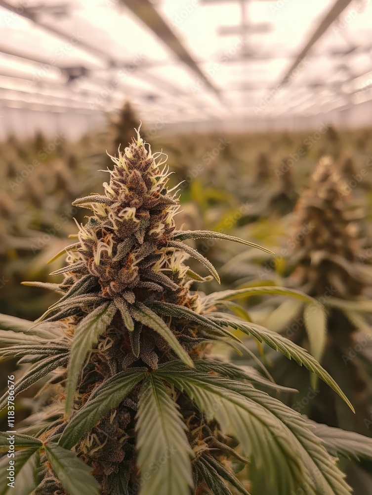 Obraz premium Healthy cannabis plants flourish in a well-lit greenhouse, showcasing rich green leaves and dense buds. This environment supports optimal growth for the plants