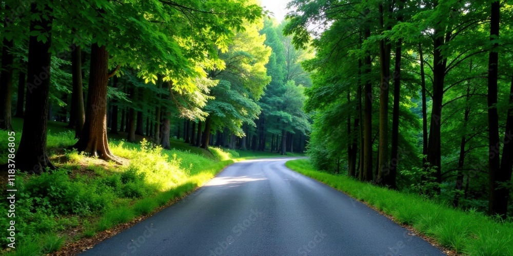 Obraz premium Sunlit Road Winding Through Lush Green Forest Canopy