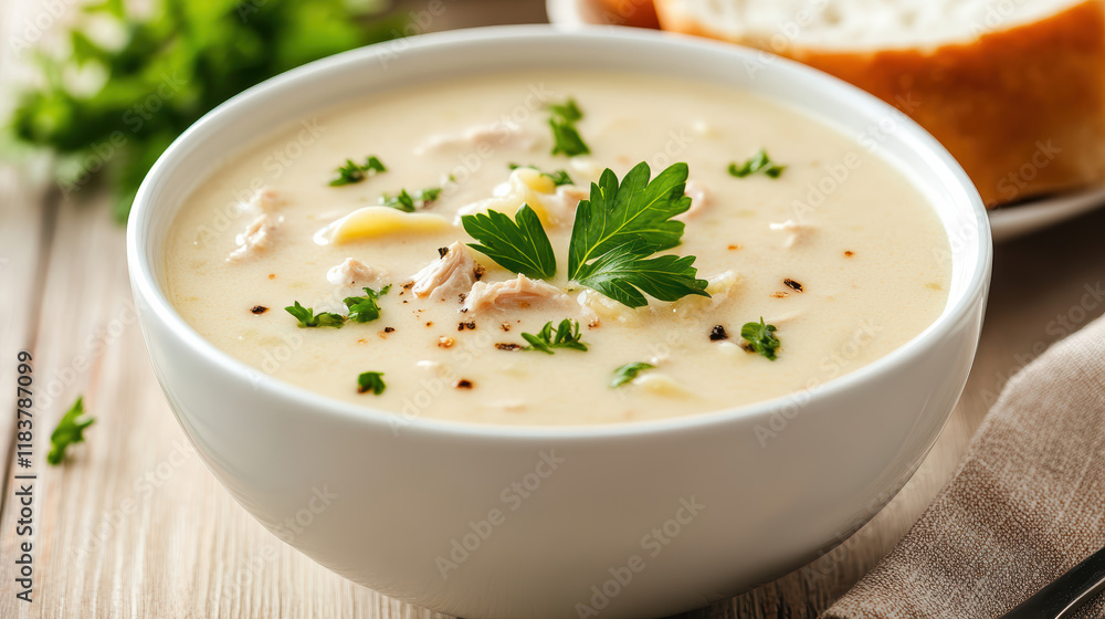 Creamy chicken noodle soup garnished with parsley and served with bread Creamy chicken noodle soup garnished with parsley and served with bread