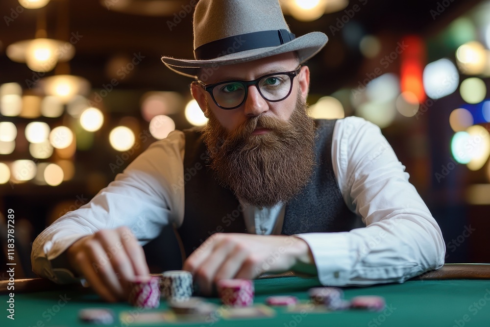 Man with a beard gambling at a green poker table Man with a beard gambling at a green poker table
