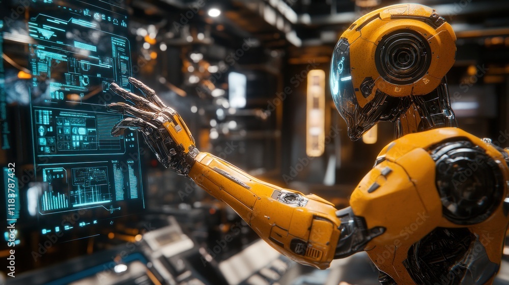 Futuristic Robot Interacting with Holographic Interface Futuristic Robot Interacting with Holographic Interface