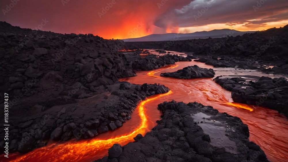 Fototapeta premium Fiery Sky Reflects on Lava-Like Glowing River in Volcanic Terrain