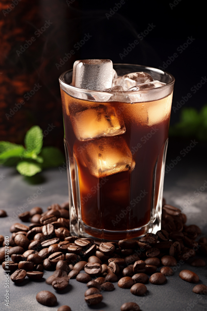 Iced coffee with ice cubes and coffee beans on dark background, steam rising. Iced coffee with ice cubes and coffee beans on dark background, steam rising.