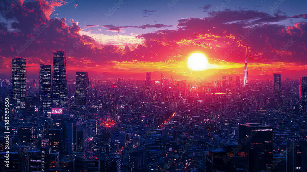 Fototapeta premium Stunning Sunset over a Futuristic Cityscape: A Breathtaking Digital Illustration
