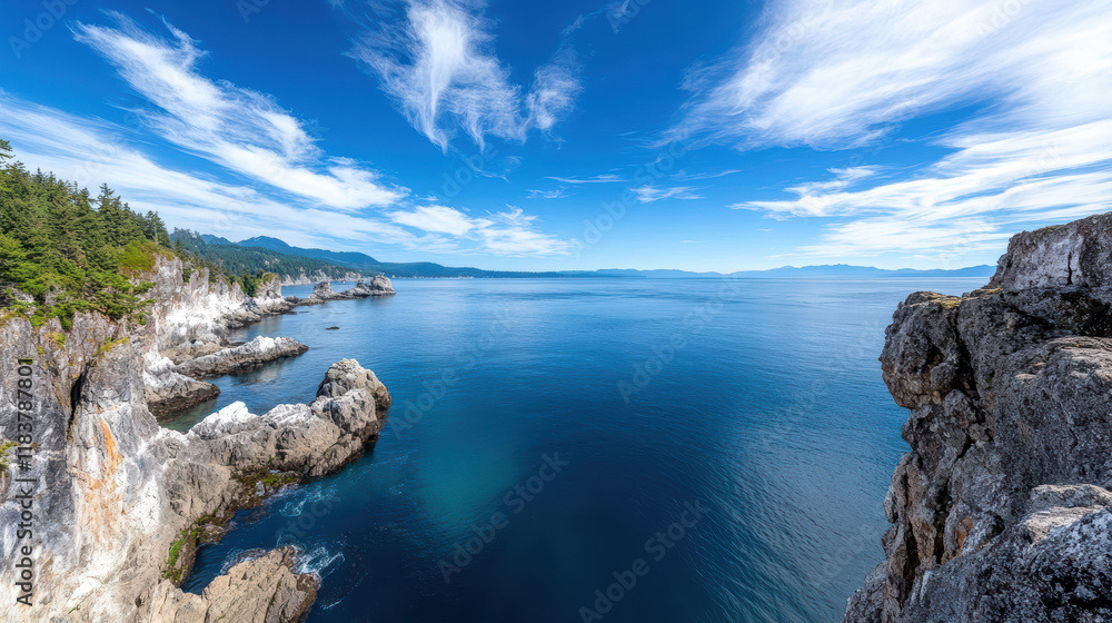 Breathtaking coastal view with cliffs, ocean, and clear blue sky Breathtaking coastal view with cliffs, ocean, and clear blue sky
