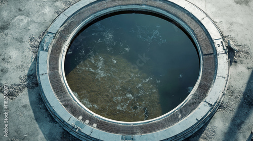 Bird's eye view of an industrial thickener and landfill with dark liquid in large metal frame photo