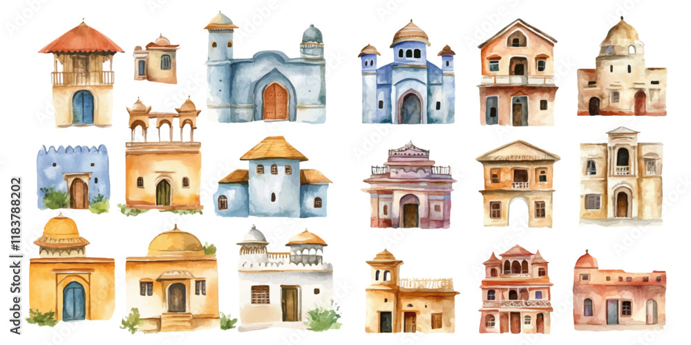 Set of watercolor Indian houses on white background. Set of watercolor Indian houses on white background.
