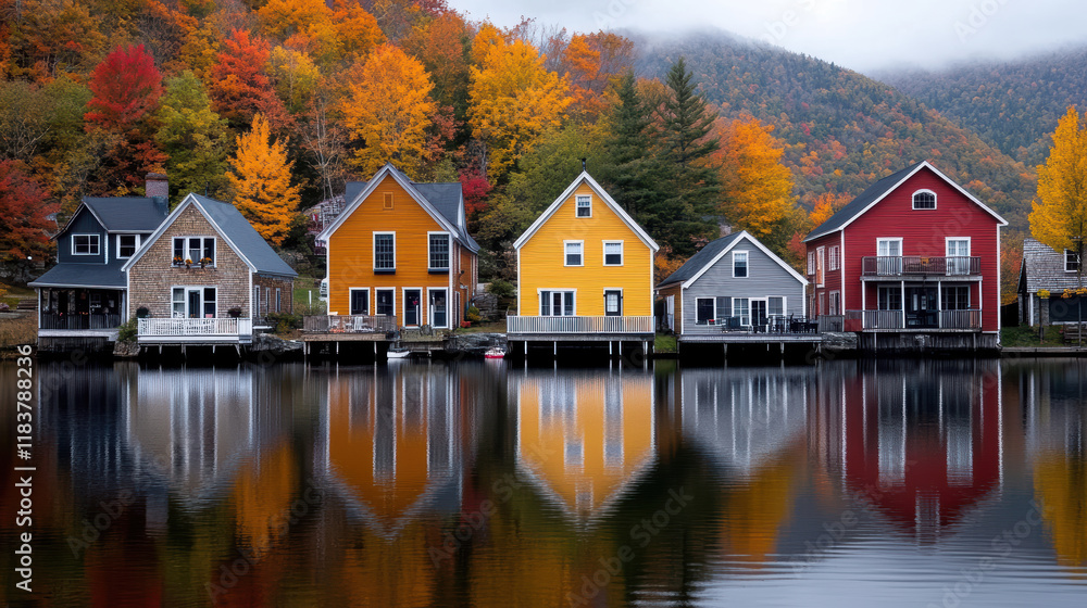 Fototapeta premium Colorful fall foliage reflects on serene lake with charming houses