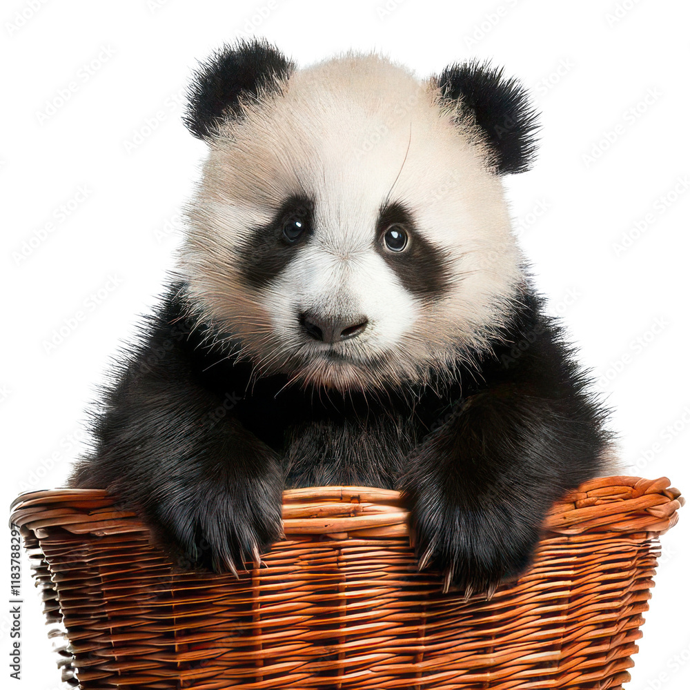 Obraz premium Adorable panda cub sitting in a wicker basket, looking playful.