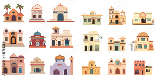 Set of Indian houses on white background.