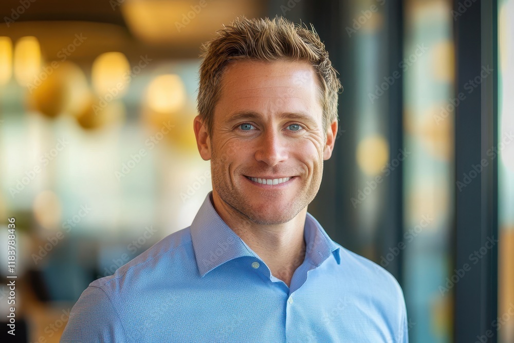 Fototapeta premium Smiling attractive businessman in blue shirt exuding confidence in a solo office setting Corporate achievement