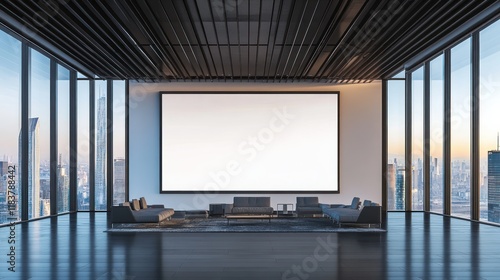 Modern Office with Panoramic City View and Blank Screen