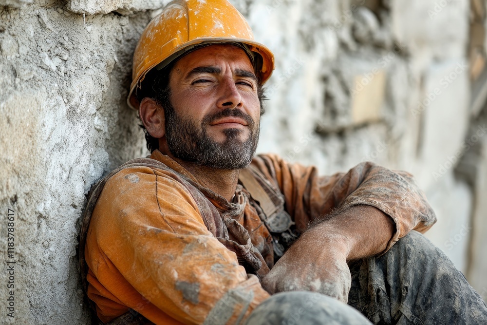 Tired manual worker taking break at construction site. Generative AI Tired manual worker taking break at construction site. Generative AI