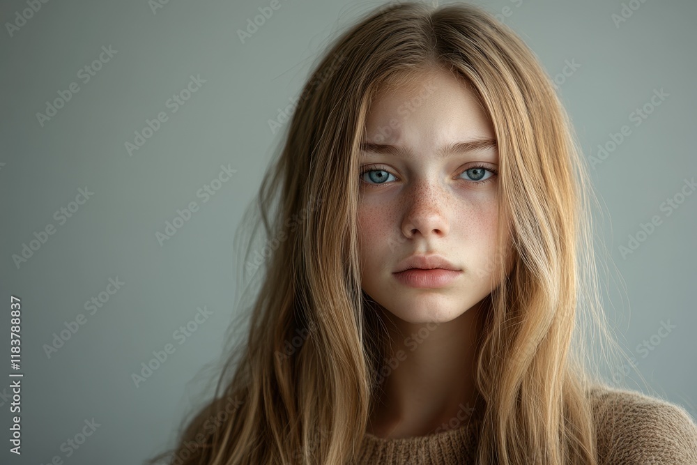 Fototapeta premium Tight portrait of a troubled teenage girl with long blonde hair expressing sadness Isolated background with space for text