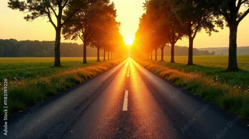 Golden Hour Road A Scenic Drive Through a Sunlit Meadow Golden Hour Road A Scenic Drive Through a Sunlit Meadow