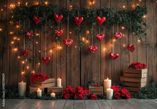Wooden barn door with red roses and heart-shaped lights on the floor, Valentine's Day photoshoot backdrop with romantic decoration, perfect for love-themed photography.