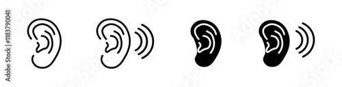 Ear set icons. Linear and silhouette style. Vector icons.