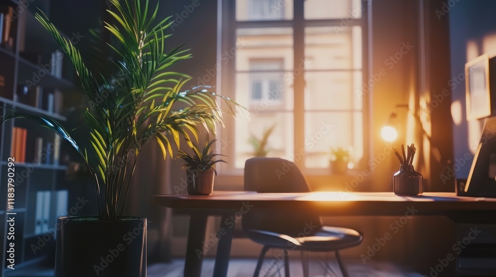 Fototapeta premium Golden Hour Workspace: Serenity and Productivity in a sunlit home office.