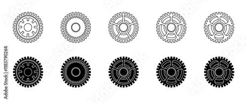 Gear set icons. Linear and silhouette style. Vector icons.