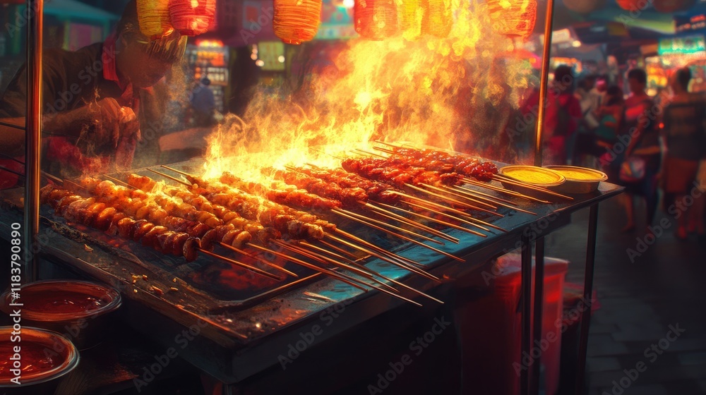 A dynamic image of a street vendor expertly grilling satay skewers over an open flame, with colorful dipping sauces on display, showcasing the vibrant street food culture. A dynamic image of a street vendor expertly grilling satay skewers over an open flame, with colorful dipping sauces on display, showcasing the vibrant street food culture.