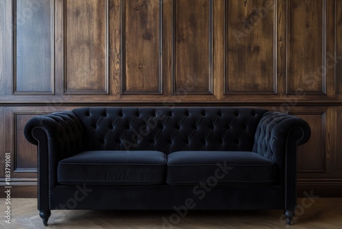 Elegant black tufted sofa against a wooden paneled wall in a cozy interior space