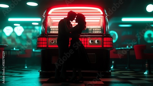 A 1950s couple dancing closely under a glowing jukebox, their connection radiating warmth as the pulse of music fills the retro diner scene