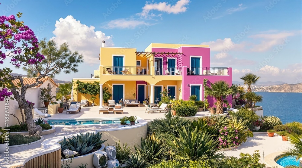 Fototapeta premium Mediterranean Dream Home: A picturesque villa with vibrant hues and a sparkling pool, nestled amidst lush greenery overlooking the azure sea.