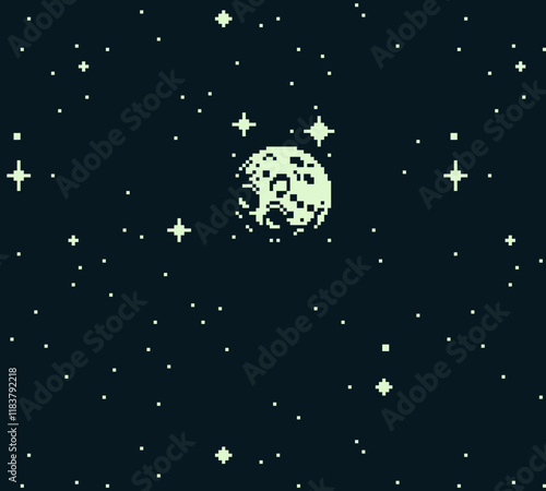 Moon pixel abstract background. Video game assets. Isolated vector illustration. Old school computer graphic style.