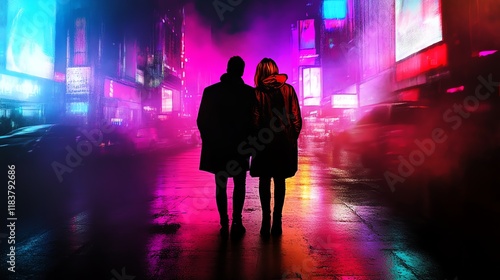 A futuristic cityscape where a couple glows with vibrant pulselike energy, warmth, love in technology photo