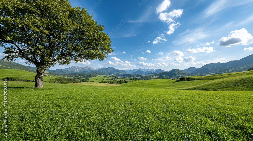 Obraz premium scenic view of lush green fields and mountains under blue sky