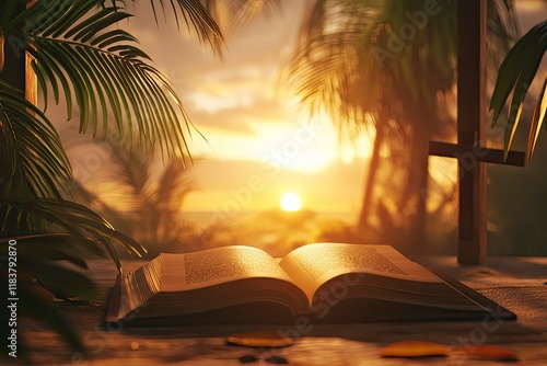 Christian Cross and open book with a sunset scene background. Palm Sunday Concept 