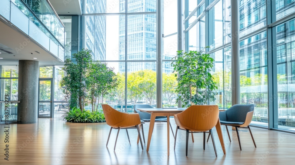 Fototapeta premium Modern Office Lobby with Natural Light and Greenery