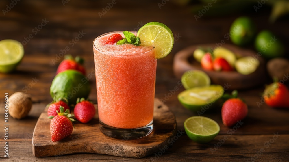 Refreshing Strawberry Lime Smoothie on Rustic Wooden Table with Fresh Fruits and Mint Garnish Refreshing Strawberry Lime Smoothie on Rustic Wooden Table with Fresh Fruits and Mint Garnish