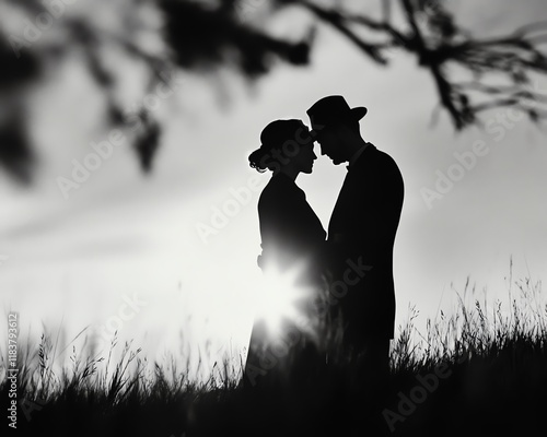 A couple in a 1940s meadow, sharing a heartfelt gaze as the warm sunlight frames their silhouettes, the pulse of nature alive around them