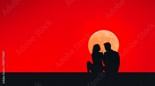 A couple s silhouettes against a glowing red moon, warmth, pulse of the night and love photo