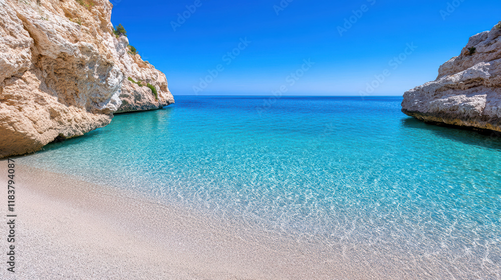 Fototapeta premium serene beach with crystal clear water and rocky cliffs under blue sky