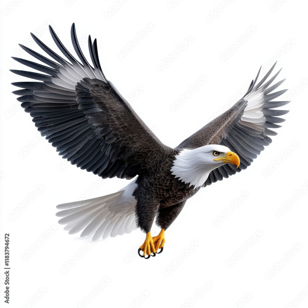 A majestic bald eagle in flight, wings spread wide, against a pure white background. Freedom! A majestic bald eagle in flight, wings spread wide, against a pure white background. Freedom!